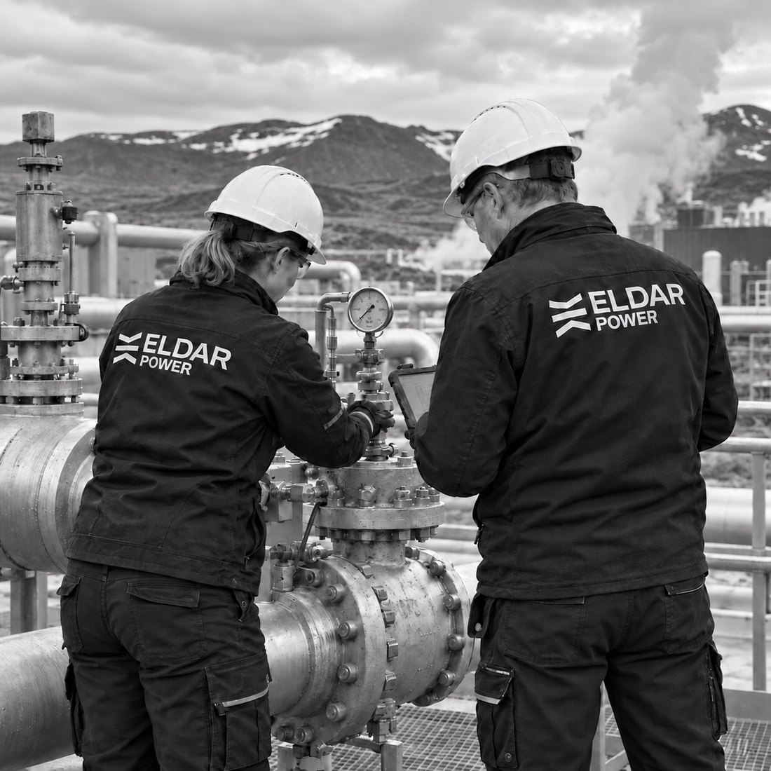 Two Eldar Power engineers checking a wellhead gauge at a geothermal field